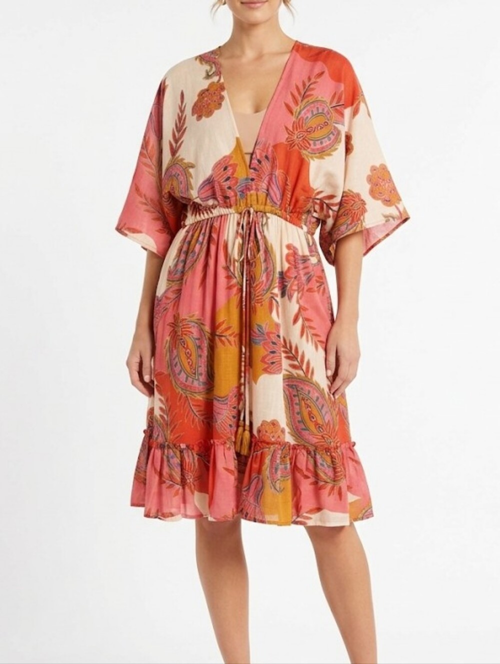 Kings 'Road Boho Floral V-Neck Casual Dress in Coral and Cream Size 2X